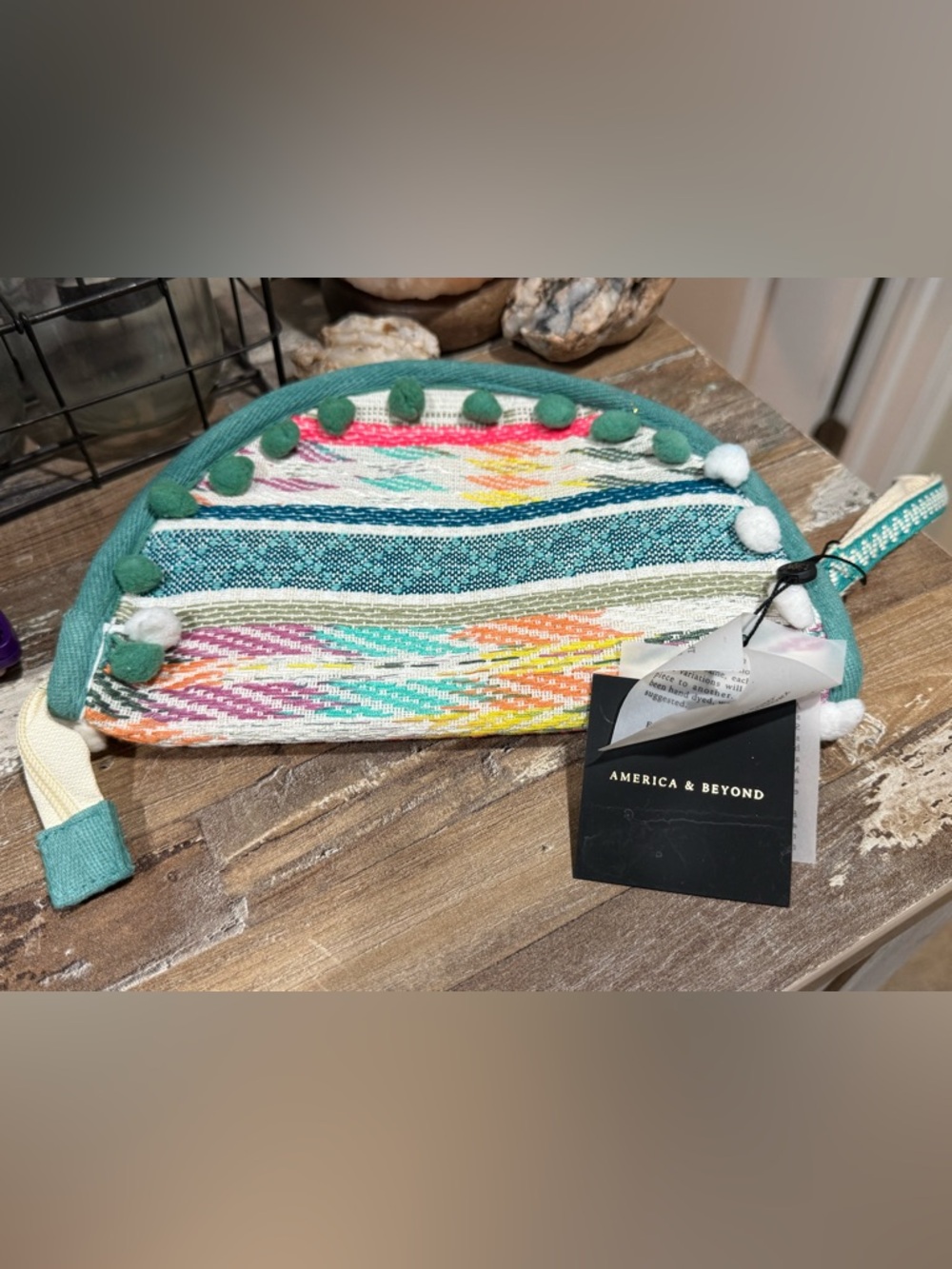 America & Beyond Multicolor Woven Pom-Pom Half Moon Clutch NWT
